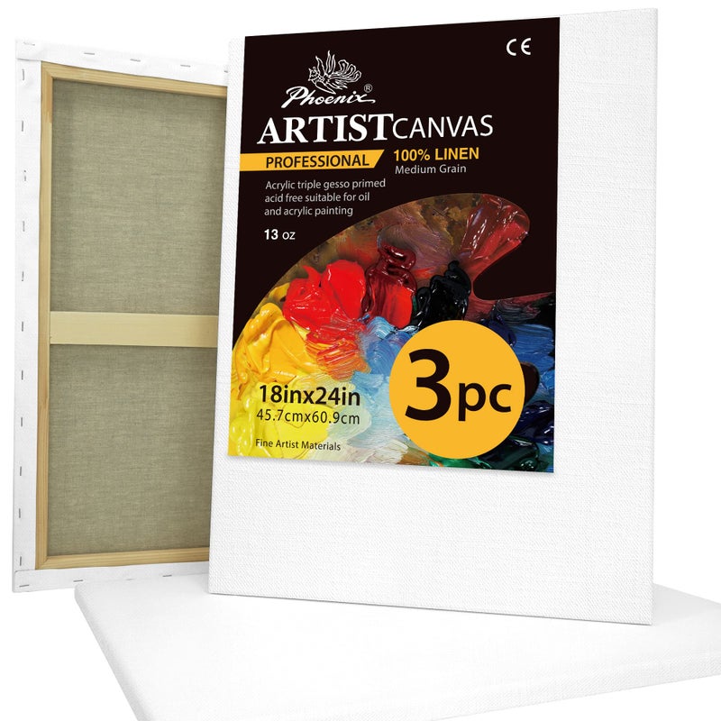 PHOENIX Large Belgian Linen Canvas for Oil Painting - 18x24 Inch/3 Pack Medium Texture, 3/4 Inch Profile - 13 Oz Triple Primed Blank Professional Stretched Archival Canvases for Acrylic Paints - Image 1